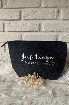 Vilten toilettas/pennenzak &#039;juf met een gouden hart&#039; - groot