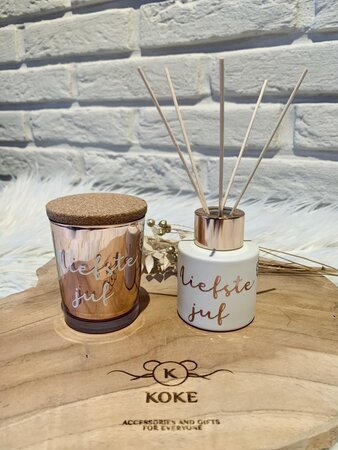 Geschenkset LIEFSTE JUF (huisparfum, geurkaars)